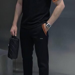 Zegna Premium Two-Piece Lounge Set – Black with Signature Orange Tipping