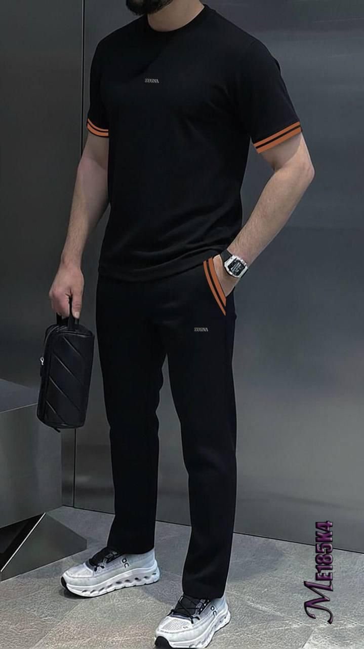 Zegna Premium Two-Piece Lounge Set – Black with Signature Orange Tipping