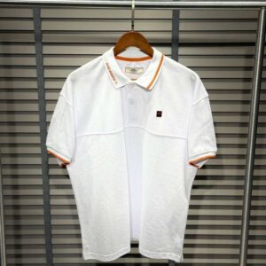 Hermès Premium Collar-Branded Polo Shirt – White with Orange Tipping