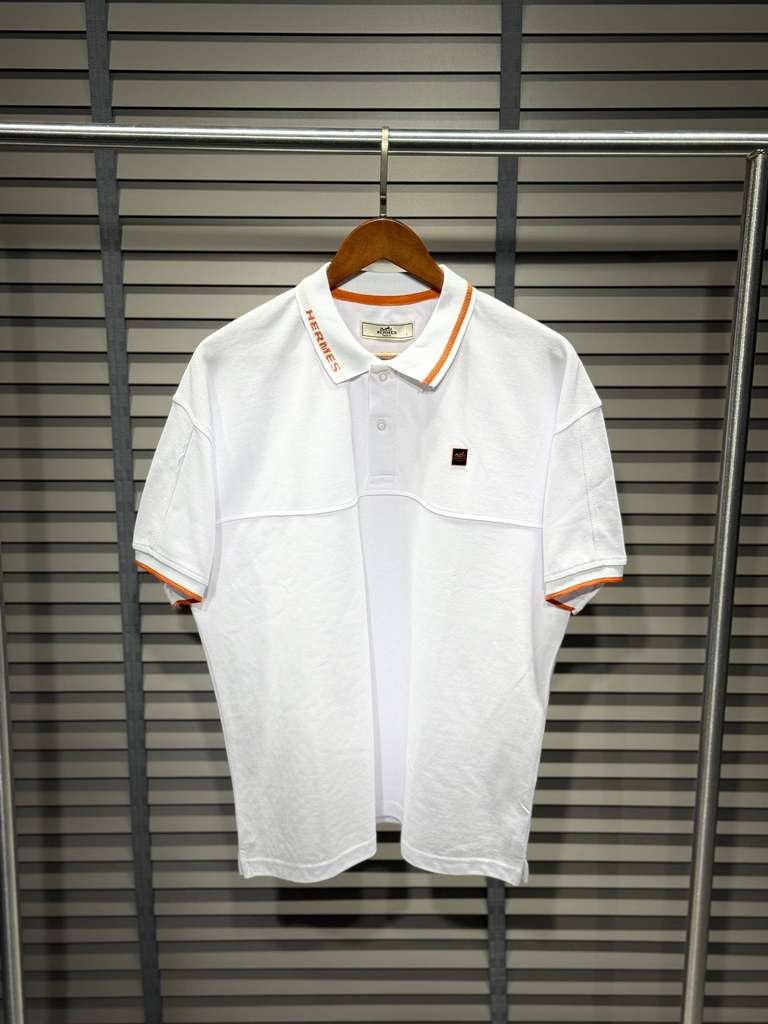Hermès Premium Collar-Branded Polo Shirt – White with Orange Tipping