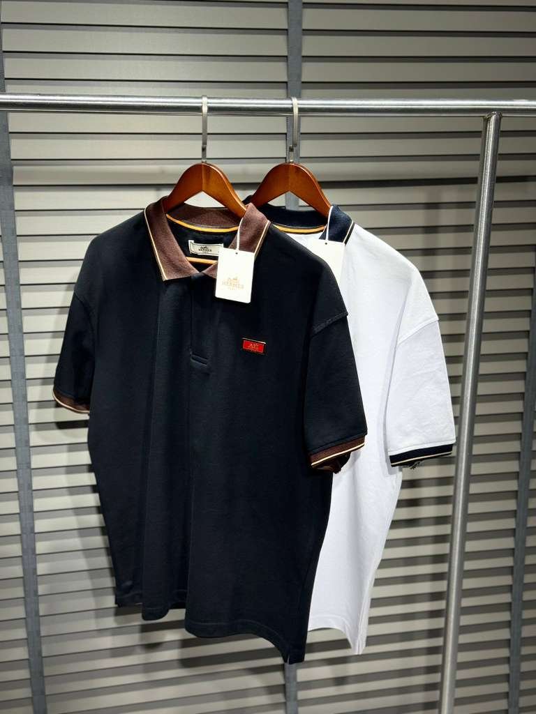 Hermès Men's Short Sleeve Contrast Trim Polo Shirt (Black & White)