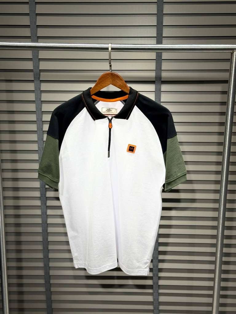 Hermès Luxury Tri-Color Piqué Polo Shirt with Leather Detail