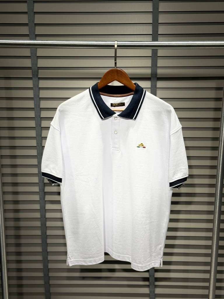 Loro Piana Luxury White Cotton Polo Shirt with Navy Trim