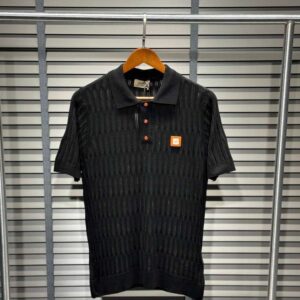 Hermès Luxury Black Mesh Knit Polo with Orange Patch Logo