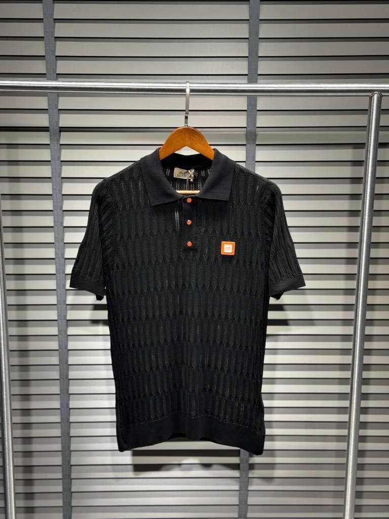 Hermès Luxury Black Mesh Knit Polo with Orange Patch Logo