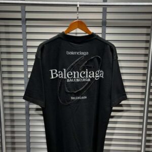 Balenciaga Oversized Black Graphic Tee with Layered Embroidery Logo