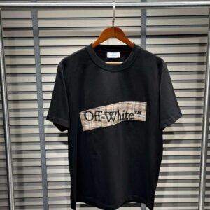 Off-White Black Graphic Crewneck T-Shirt with Tartan Patch Logo