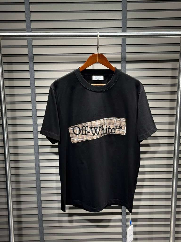 Off-White Black Graphic Crewneck T-Shirt with Tartan Patch Logo