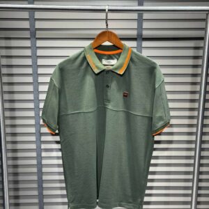 Hermès Luxury Olive Green Piqué Polo Shirt with Orange Collar Detail