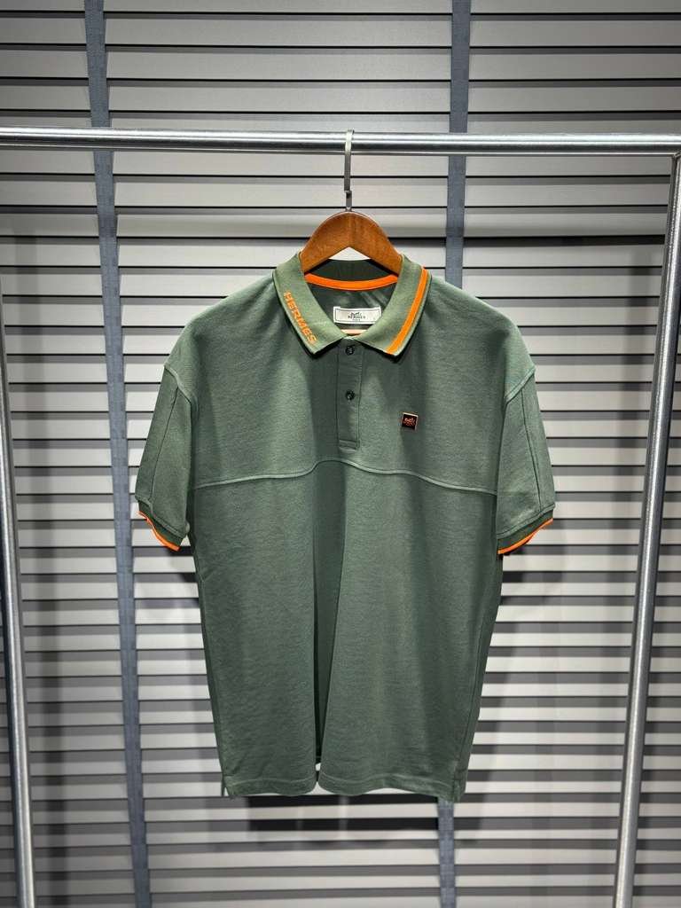 Hermès Luxury Olive Green Piqué Polo Shirt with Orange Collar Detail