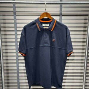 Hermès Luxury Navy Blue Piqué Polo Shirt with Orange Collar Detail