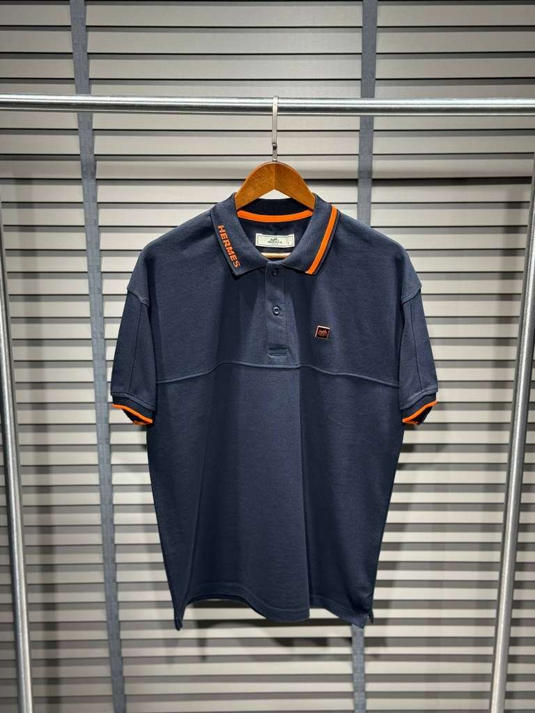 Hermès Luxury Navy Blue Piqué Polo Shirt with Orange Collar Detail