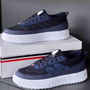 Moncler Navy Blue Low-Top Platform Sneakers with Debossed Lettering