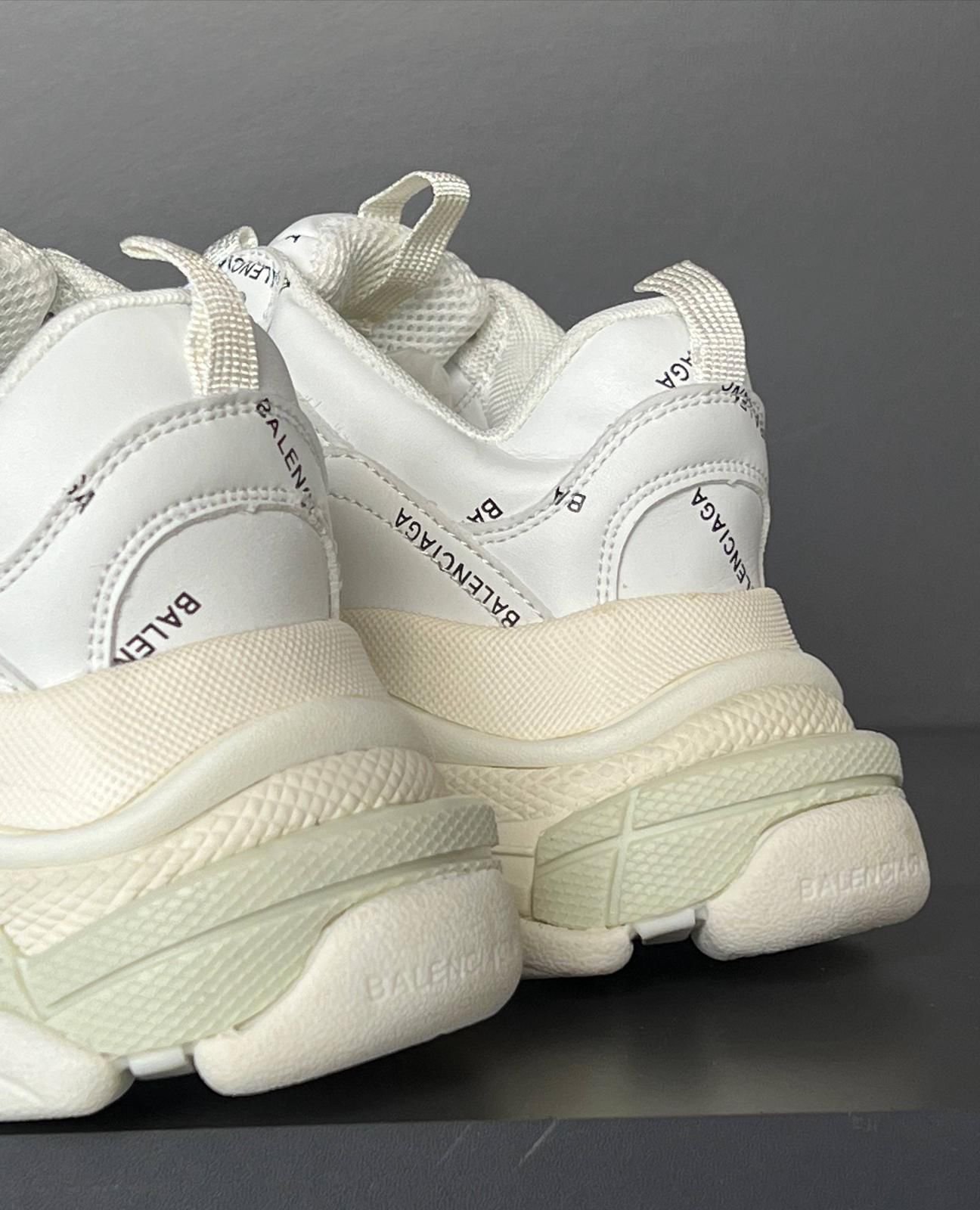 Balenciaga Unisex Triple S White Leather Sneakers with Allover Logo