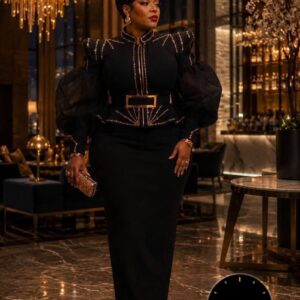Luxury Black Peplum Midi Dress – Organza Puff Sleeve Mock Neck Cocktail Gown with Gold Piping