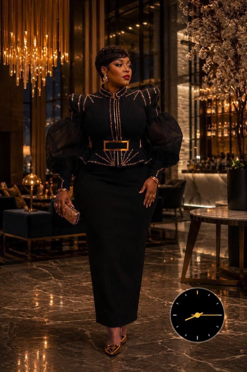 Luxury Black Peplum Midi Dress – Organza Puff Sleeve Mock Neck Cocktail Gown with Gold Piping