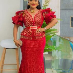Luxury Red Sequin Mermaid Evening Gown – Ruffled Flutter Sleeve Peplum Maxi Dress with Gold Embroidery