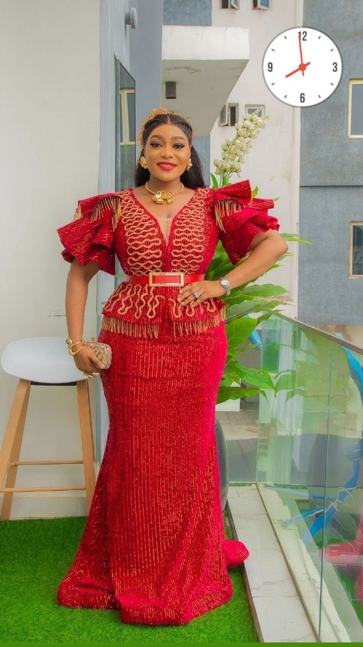 Luxury Red Sequin Mermaid Evening Gown – Ruffled Flutter Sleeve Peplum Maxi Dress with Gold Embroidery