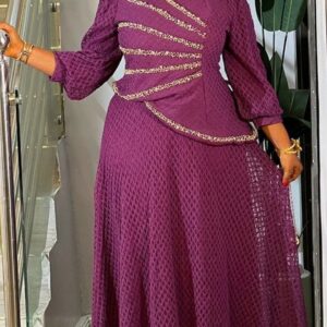 Luxury Plum Purple Lattice Mesh Maxi Dress – Asymmetric Beaded Bodice Long Sleeve Evening Gown