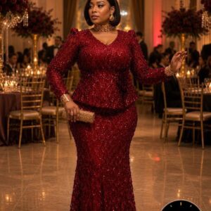 Luxury Burgundy Sequin Mermaid Gown – Long Sleeve Peplum Evening Dress with Floral Accent