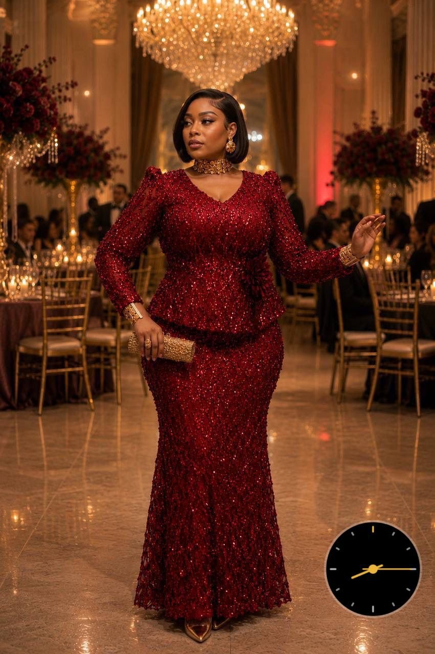 Luxury Burgundy Sequin Mermaid Gown – Long Sleeve Peplum Evening Dress with Floral Accent