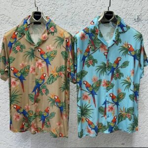 Men's Tropical Parrot and Hibiscus Print Short Sleeve Camp Collar Shirt