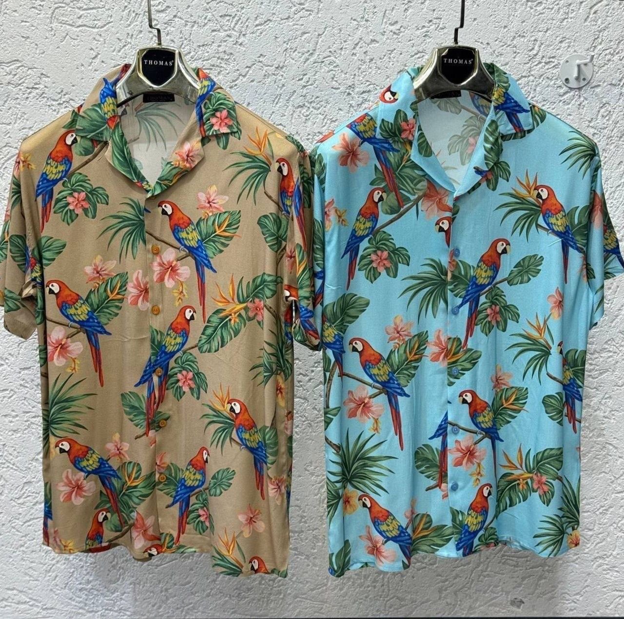 Men's Tropical Parrot and Hibiscus Print Short Sleeve Camp Collar Shirt