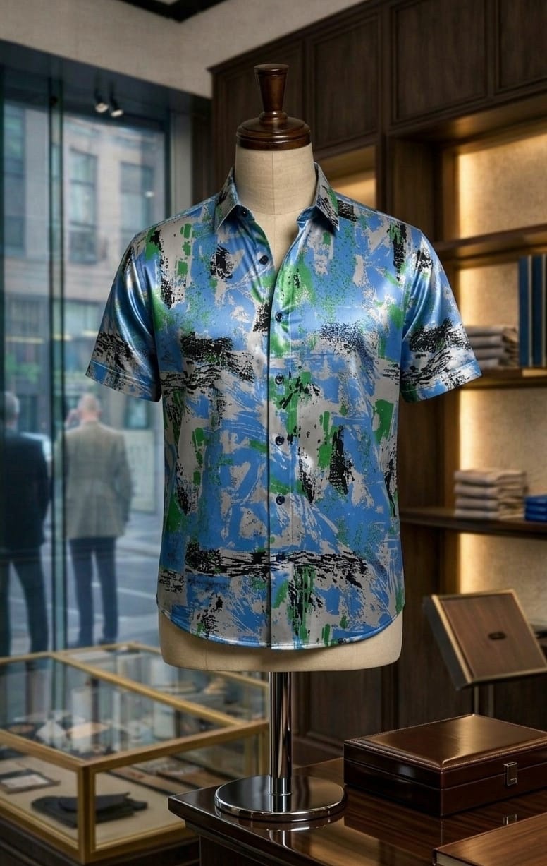 Men's Vertical Striped Short Sleeve Camp Collar Shirt - Image 11