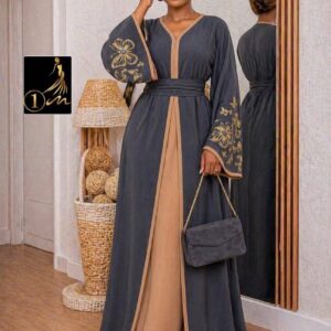 Luxury Two-Piece Abaya Set – Embroidered Kaftan Maxi Dress with Wide Matching Belt