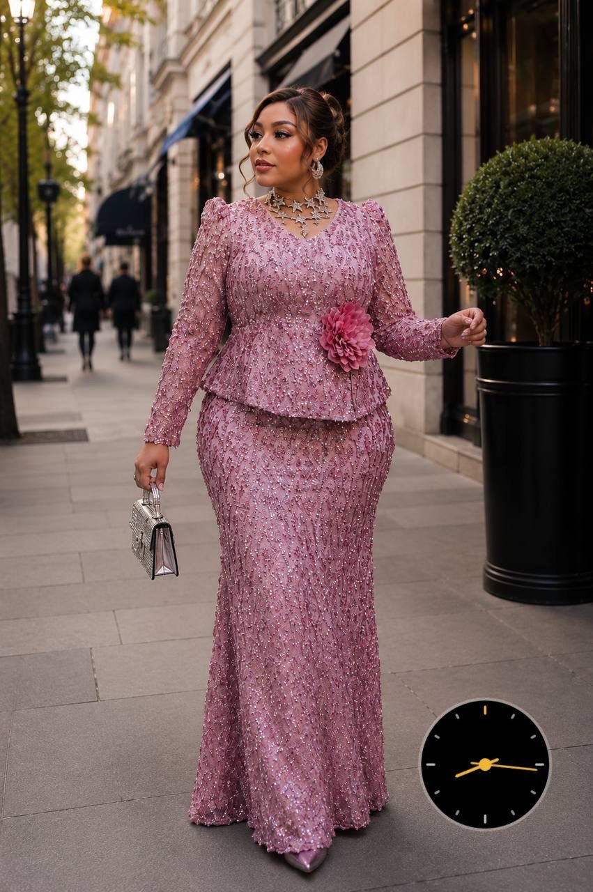 Luxury Sage Green Lace Peplum Gown – Beaded Long Sleeve Mermaid Evening Dress with Floral Accent - Image 2
