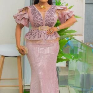Luxury Dusty Pink Sequin Mermaid Gown – Ruffled Flutter Sleeve Peplum Dress with Metallic Embroidery