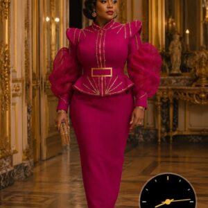 Luxury Magenta Peplum Midi Dress – Organza Puff Sleeve Mock Neck Cocktail Gown with Gold Piping