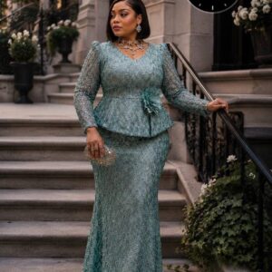 Luxury Sage Green Lace Peplum Gown – Beaded Long Sleeve Mermaid Evening Dress with Floral Accent