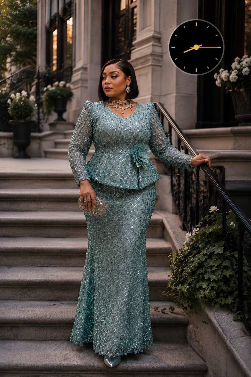 Luxury Sage Green Lace Peplum Gown – Beaded Long Sleeve Mermaid Evening Dress with Floral Accent