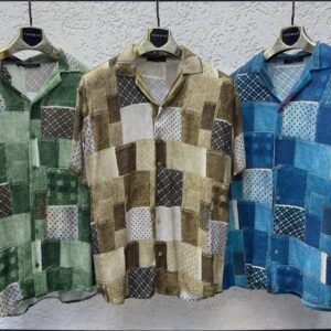 Men's Thomas Retro Patchwork Denim Tile Short Sleeve Shirt