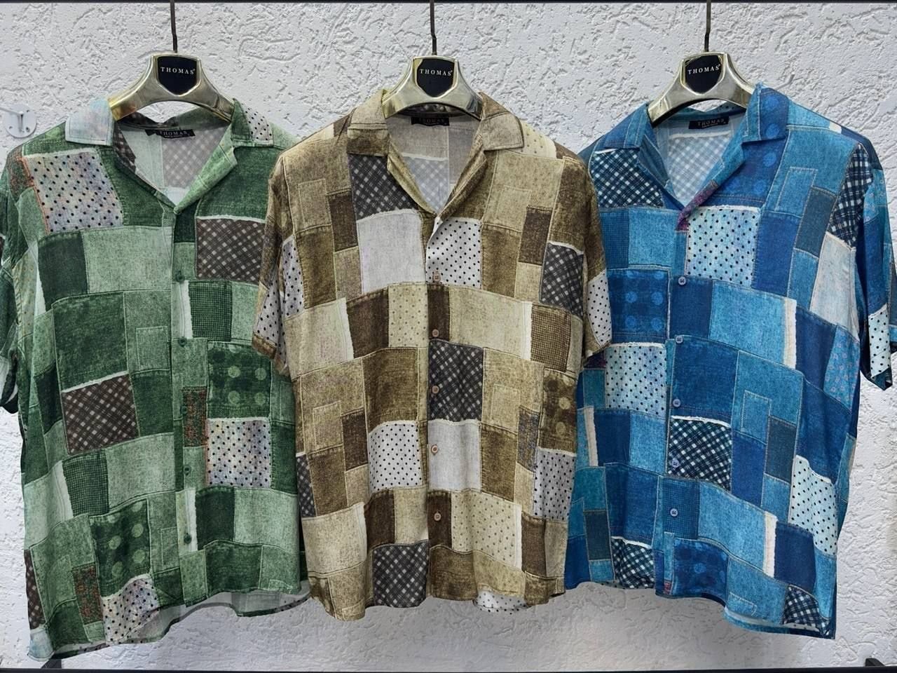 Men's Thomas Retro Patchwork Denim Tile Short Sleeve Shirt