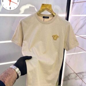 Versace Men's Gold Medusa Emblem Embroidered T-Shirt — Beige Premium Cotton Crewneck Tee