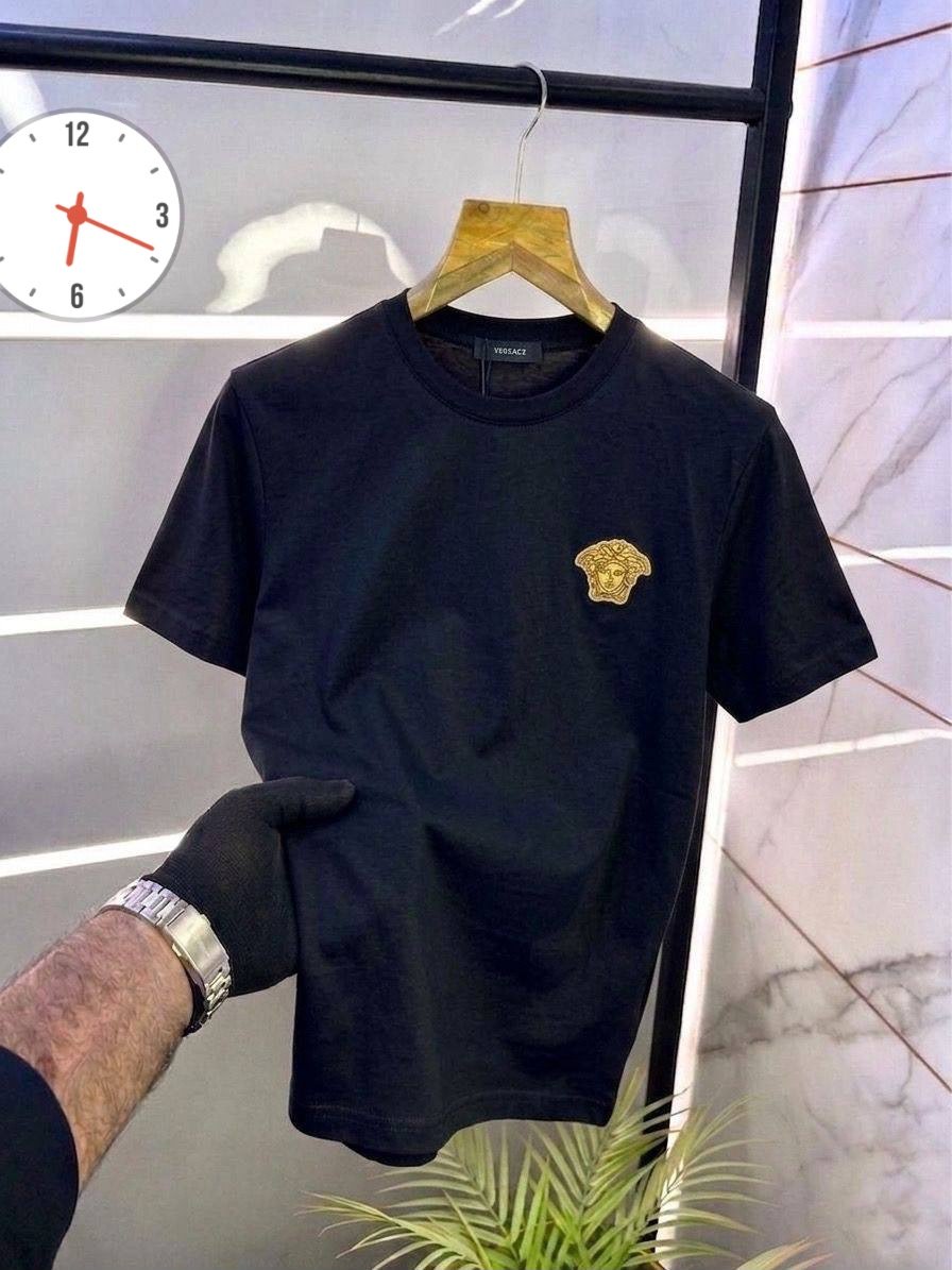 Versace Men's Gold Medusa Emblem Embroidered T-Shirt — Beige Premium Cotton Crewneck Tee - Image 2