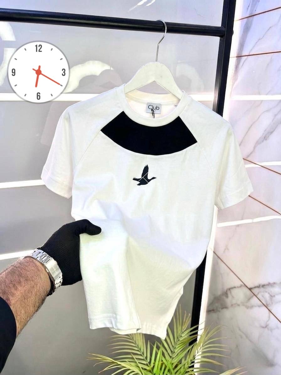 Beymen Club Men's White Yoke Colorblock T-Shirt — Black Cotton Flying Goose Logo Tee