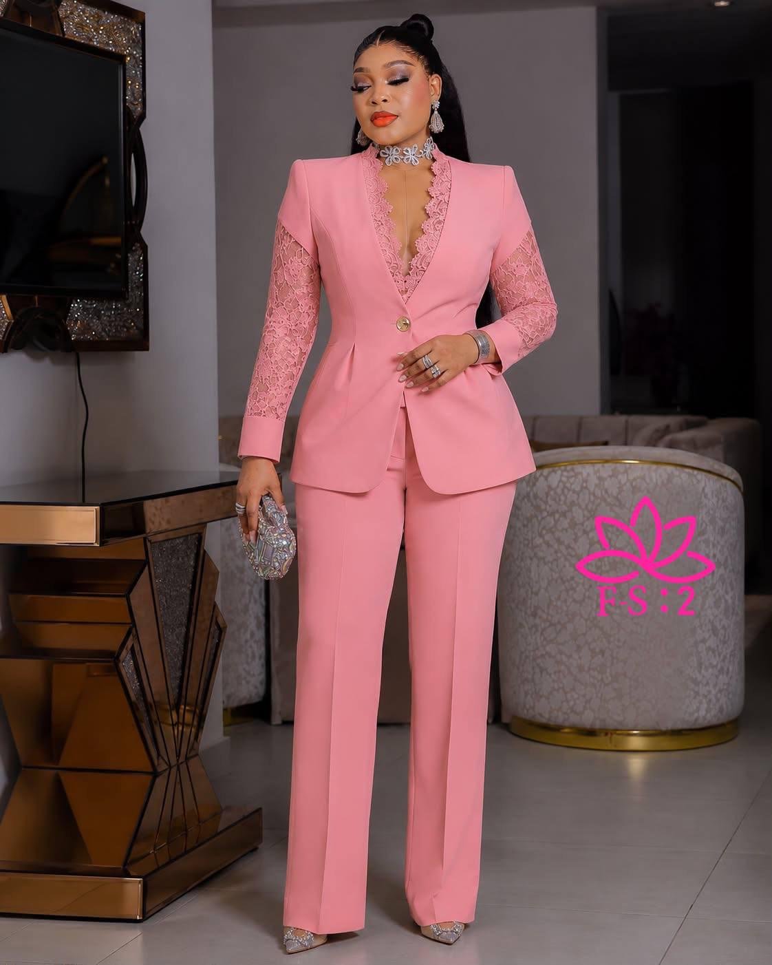 Women's Two-Piece Tailored Pantsuit — Structured Single-Button Blazer with Sheer Floral Lace Long Sleeves and Matching Trouser Pants Set - Image 12