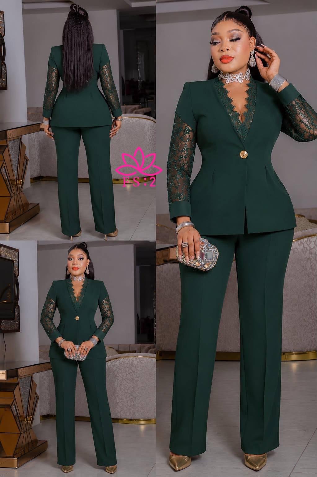 Women's Two-Piece Tailored Pantsuit — Structured Single-Button Blazer with Sheer Floral Lace Long Sleeves and Matching Trouser Pants Set - Image 9