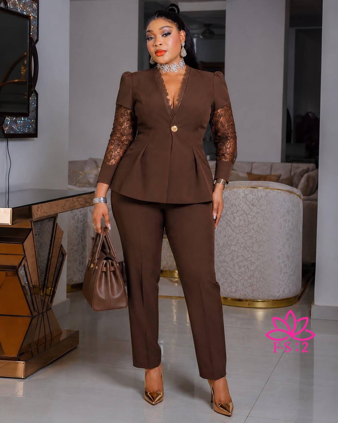 Women's Two-Piece Tailored Pantsuit — Structured Single-Button Blazer with Sheer Floral Lace Long Sleeves and Matching Trouser Pants Set - Image 8