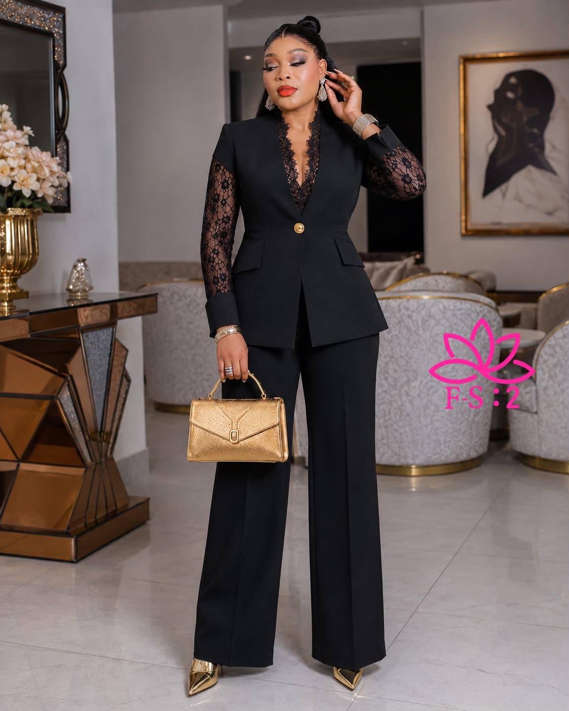Women's Two-Piece Tailored Pantsuit — Structured Single-Button Blazer with Sheer Floral Lace Long Sleeves and Matching Trouser Pants Set - Image 10