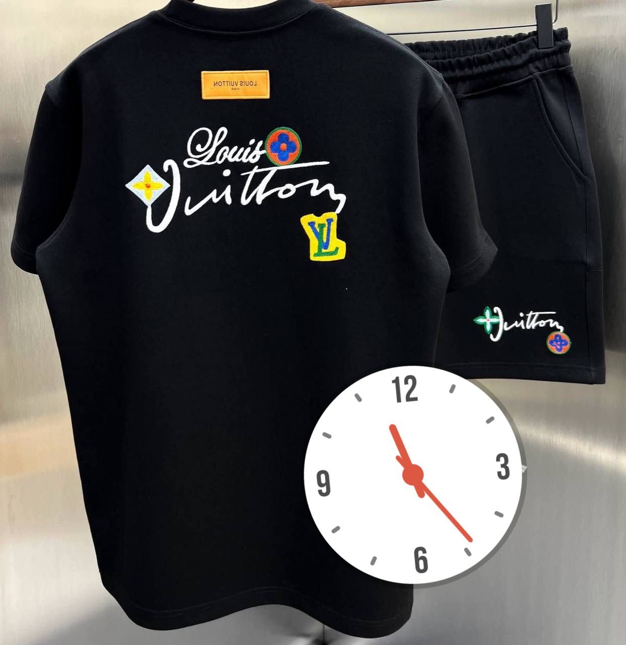 Louis Vuitton Multi-Patch Script Embroidered T-Shirt & Shorts Matching Set – Black