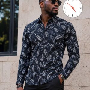 Men's Premium Casual Tropical Palm Button-Down Shirt – Slim Fit Long Sleeve Printed Vacation Top