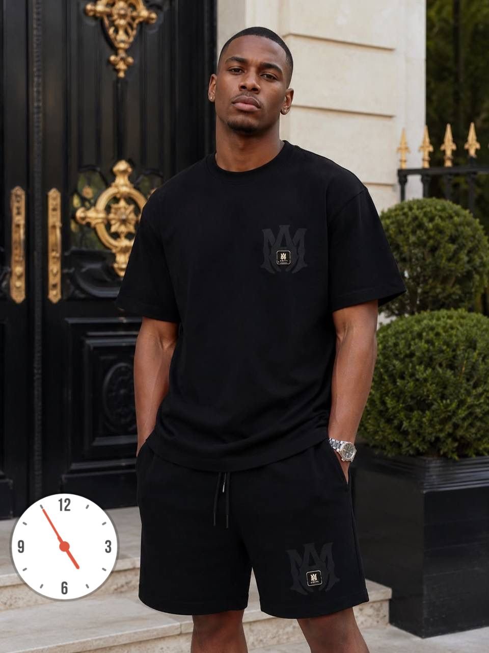 Men's Premium Streetwear 2-Piece Short Set – Oversized T-Shirt & Shorts Co-ord (Black / Monogram)
