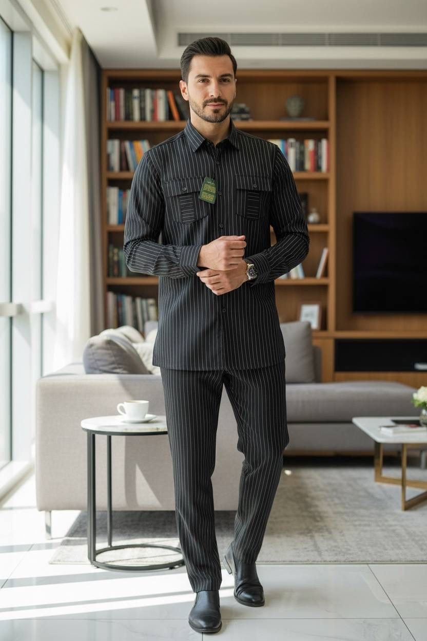 Men's Safari 2-Piece Matching Set – Slim Fit Bold Pinstripe Shirt & Trousers (Black with White Stripes) - Image 2