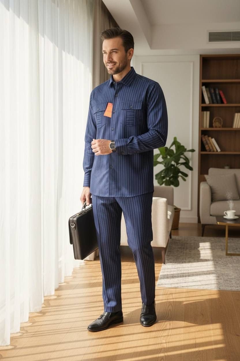 Men's Safari 2-Piece Matching Set – Slim Fit Bold Pinstripe Shirt & Trousers (Black with White Stripes) - Image 3