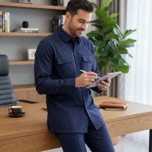 Men's Safari 2-Piece Matching Set – Slim Fit Bold Pinstripe Shirt & Trousers (Black with White Stripes)