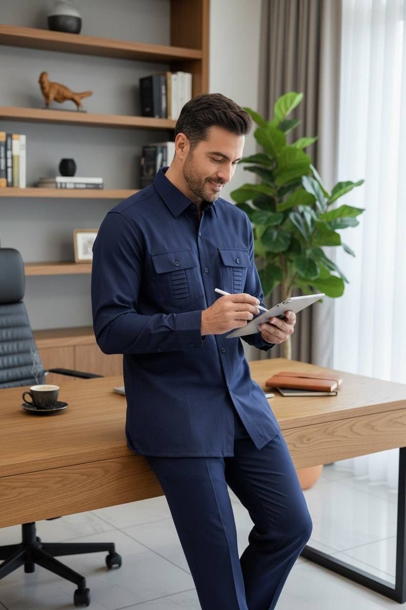 Men's Safari 2-Piece Matching Set – Slim Fit Bold Pinstripe Shirt & Trousers (Black with White Stripes)